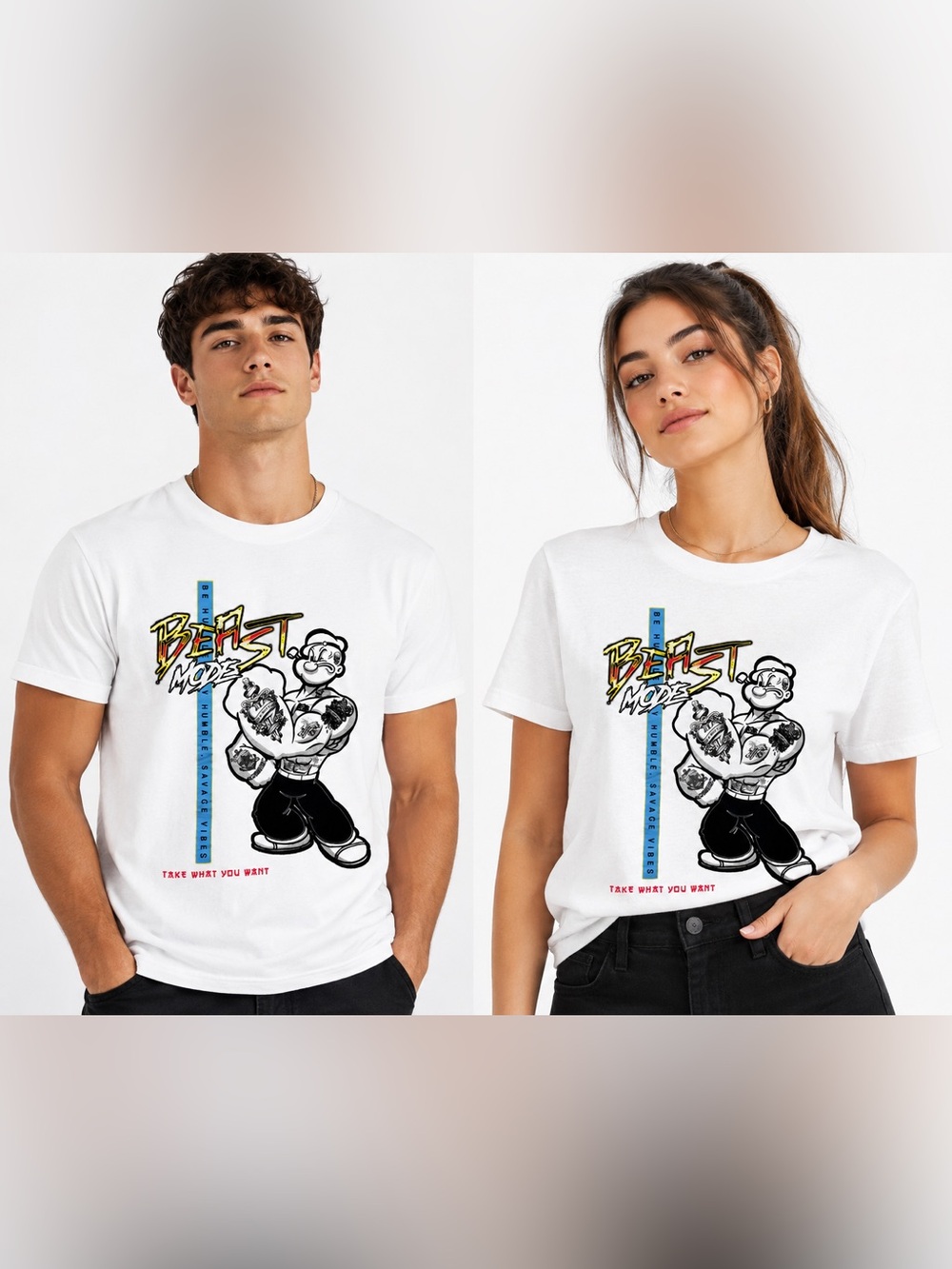 Popeye Beast Mode Graphic T-Shirt White Medium 100% Cotton Streetwear Tee Unisex